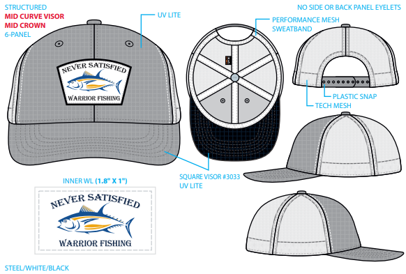 Never Satisified Warrior Fishing Patch Hat (Mid Crown - Steel w/ White Mesh)