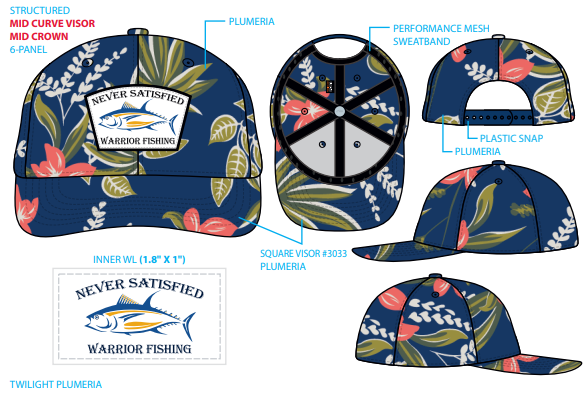 Never Satisified Warrior Fishing Patch Hat (Mid Crown Twillight Plumeria)